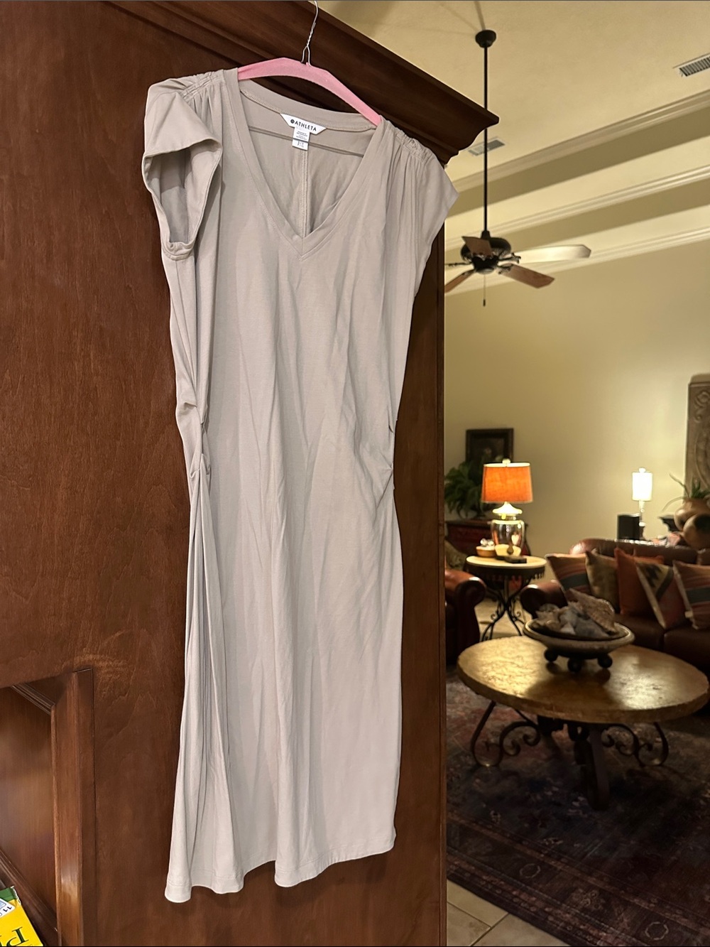 Athleta Taupe V-Neck Cap-Sleeve Midi Dress